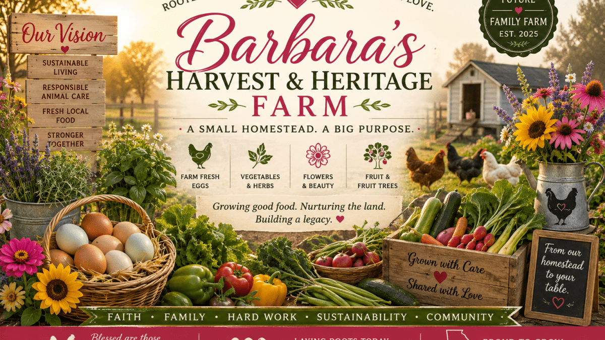 Barbara’s Harvest & Heritage Farm vision featuring farm-fresh eggs, vegetables, herbs, flowers and a small family homestead inspired by Aunt Barbara’s garden.