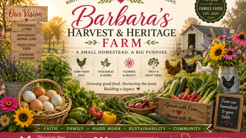 Barbara’s Harvest & Heritage Farm vision featuring farm-fresh eggs, vegetables, herbs, flowers and a small family homestead inspired by Aunt Barbara’s garden.