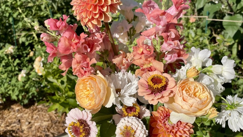 Large bouquet of sunset colored flowers
